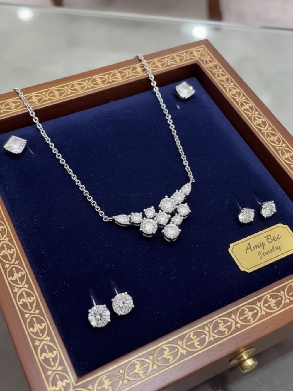 Starry Night White Gold Plated Cluster Necklace - Sparkling White CZ Pendant. - Picture 5 of 8